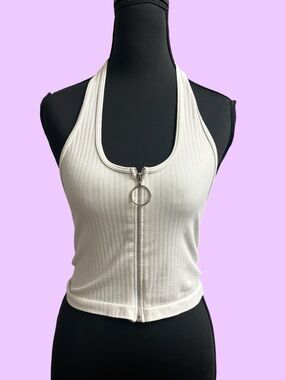 White Ribbed Halter Top Zip Front Seamless Crop Top Size M